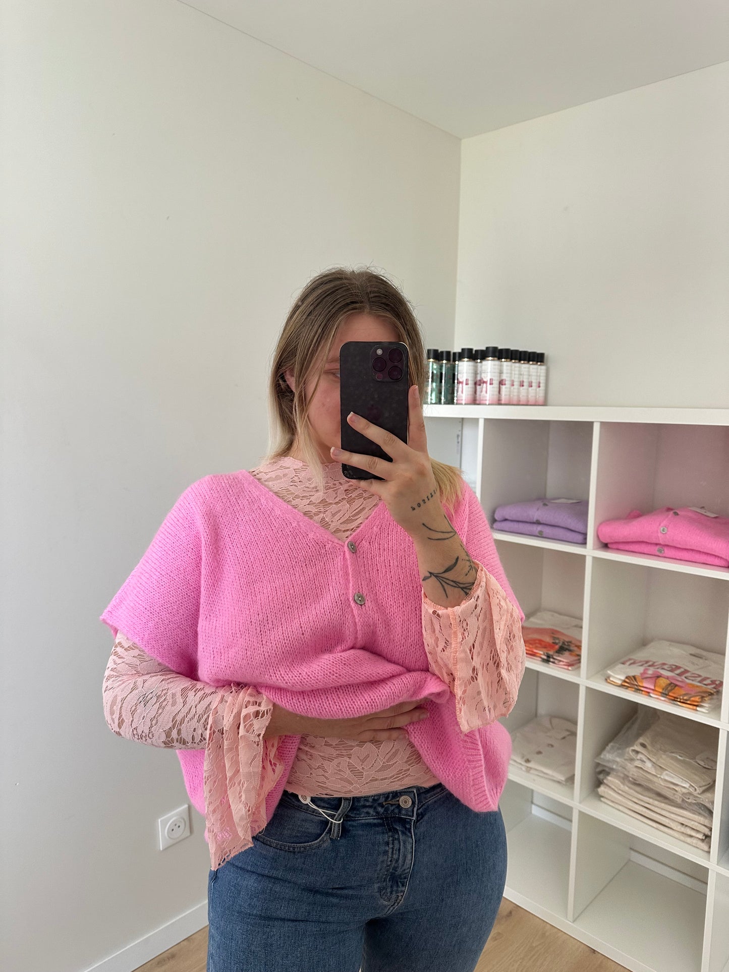 TOP DENTELLE MANCHES LONGUES ROSE PÂLE