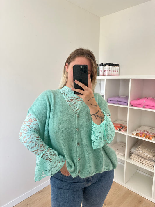 TOP DENTELLE MANCHES LONGUES TURQUOISE